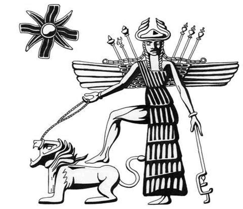 Инанна, Богиня Любви и Войны, с оружием за спиной и рогами на голове. Cлева — ее планета Венера. Восемь лучей соответствуют восьмилетнему циклу планеты. Шумерская цилиндрическая печать, ок. 2300 г. до н.э..jpg